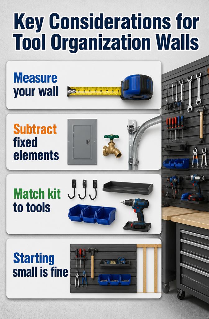 Key considerations for planning a tool organization wall setup.