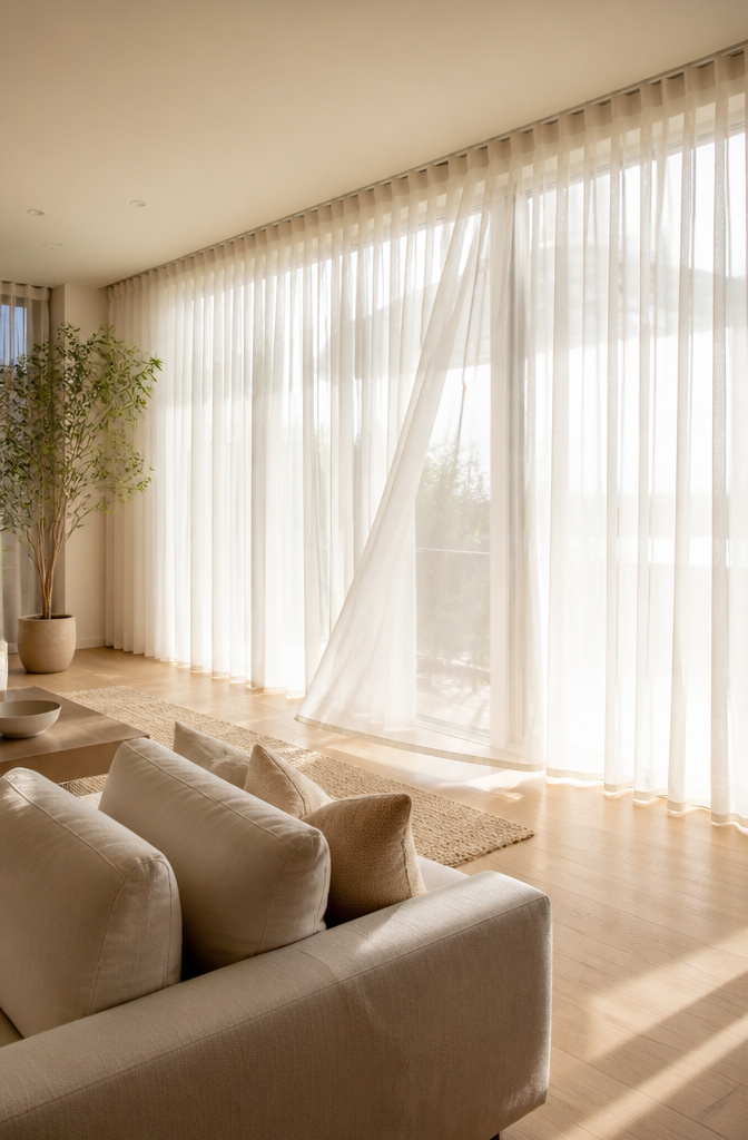 Living room with airy sheer curtains filtering sunlight.