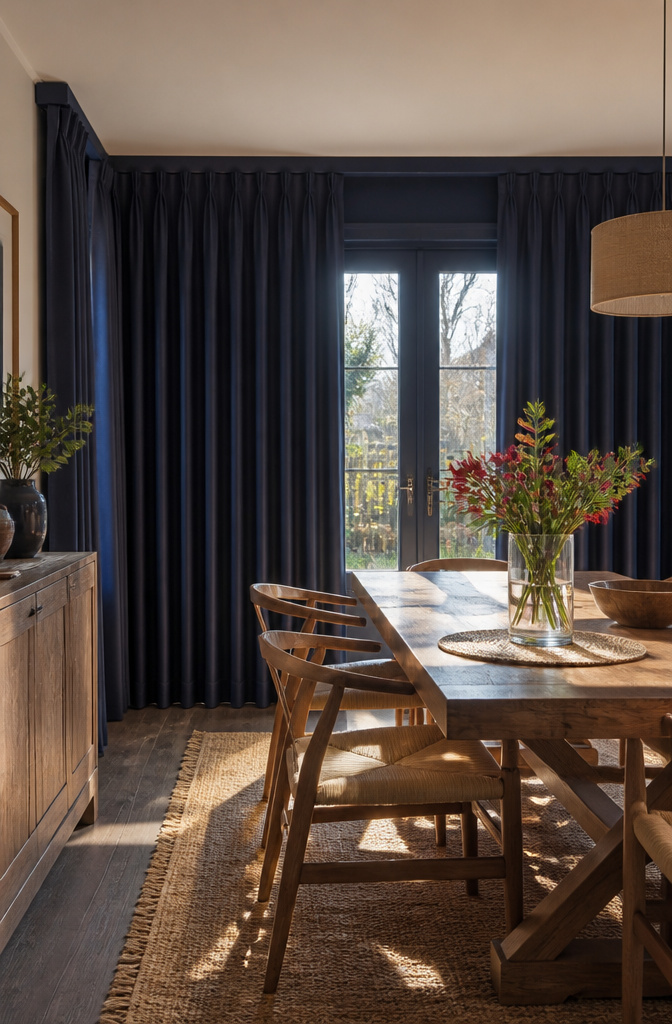Dining area with deep navy thermal curtains enhancing warmth.