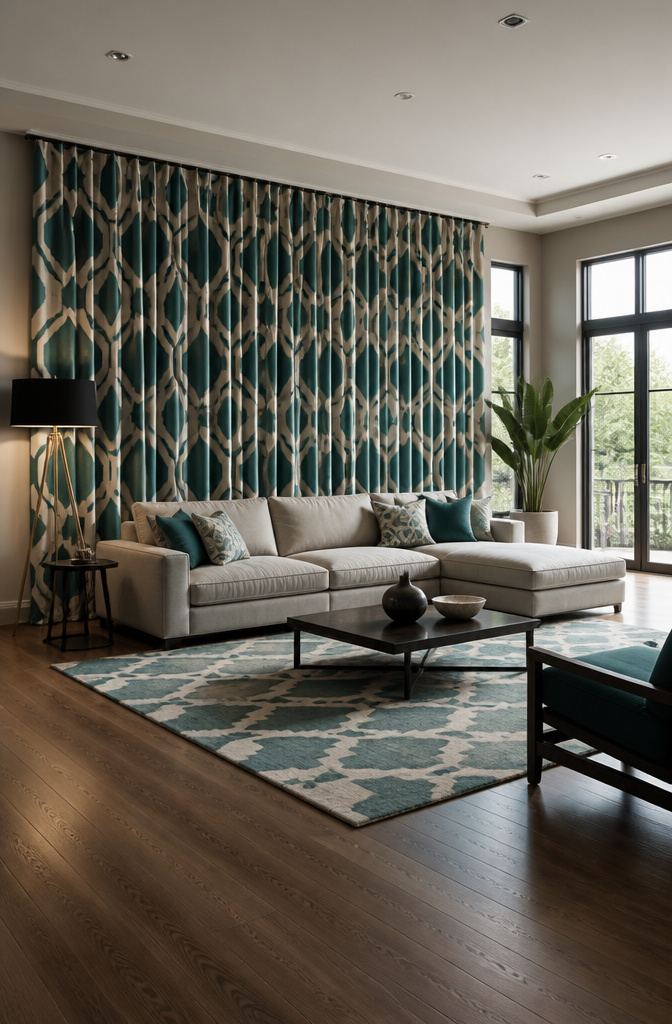 Wall-to-wall curtains featuring a bold floral pattern.
