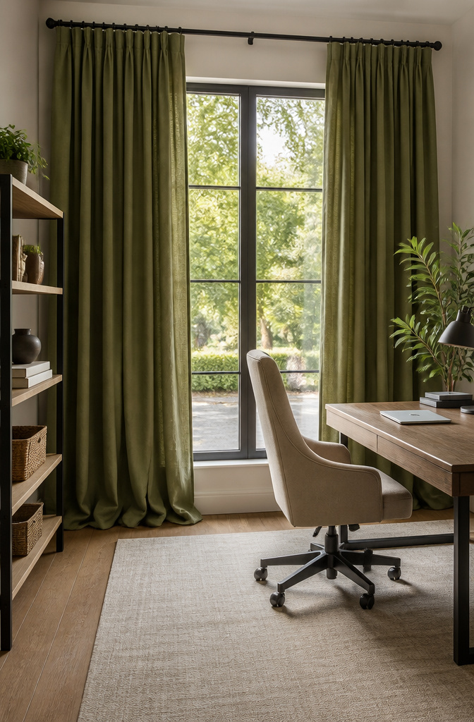 Home office with solid olive color curtains framing the window.