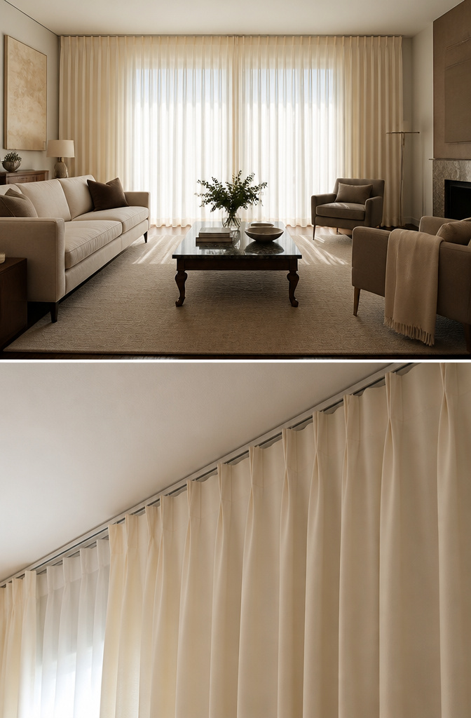 Custom-made curtains installed on a wide wall without gaps.