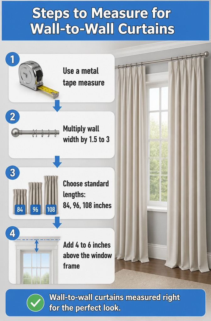 Steps showing how to measure for wall-to-wall curtains.