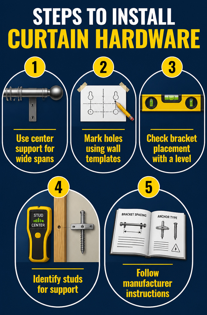 Instructions for installing curtain hardware with support brackets.