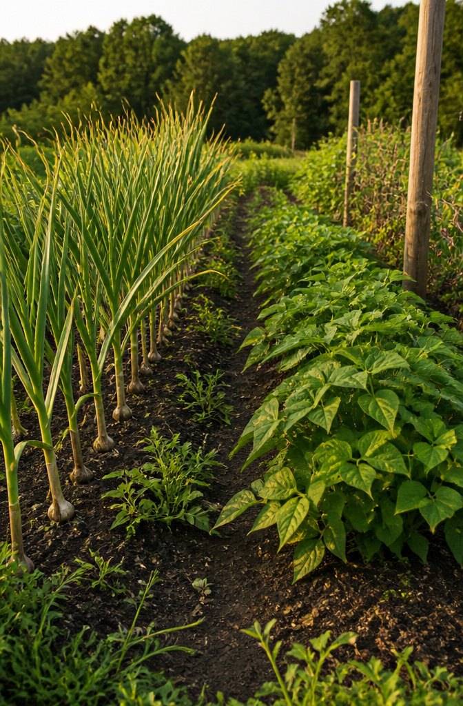 Rows of garlic and bush beans in a vegetable garden.