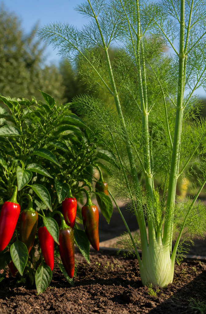 Fennel plants near pepper plants in a garden bed.