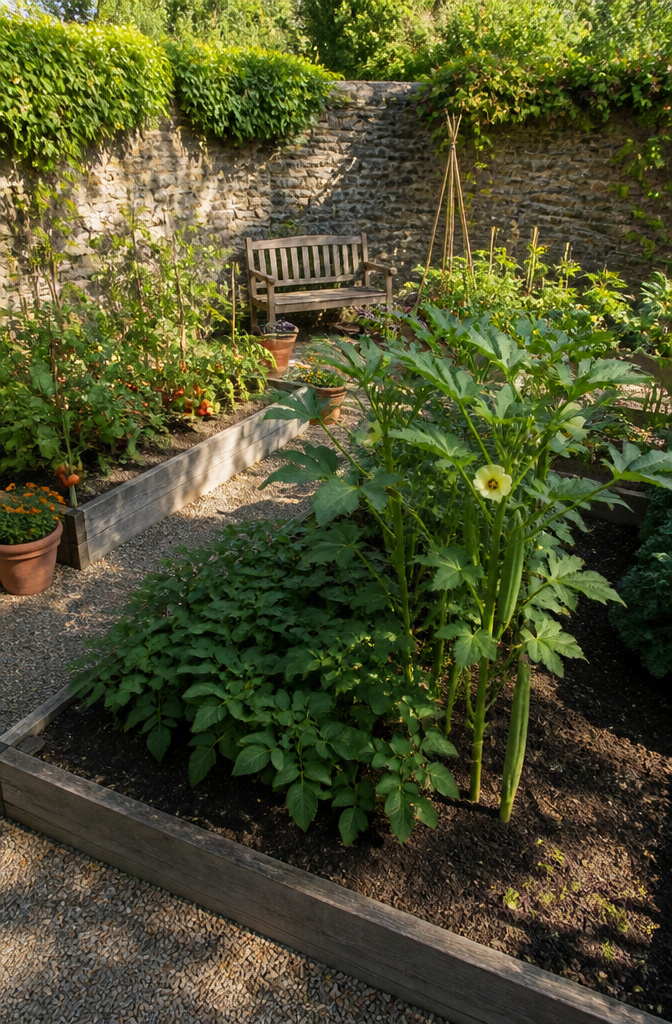 Tall okra plants next to potato plants in a vegetable plot.