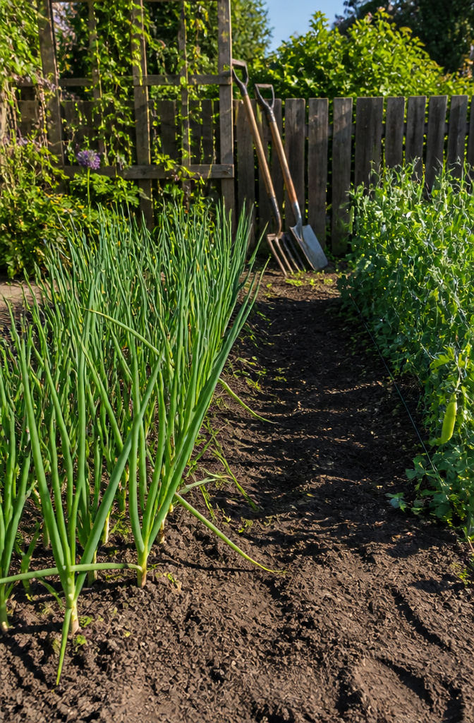 Rows of onions and peas growing in a garden bed.