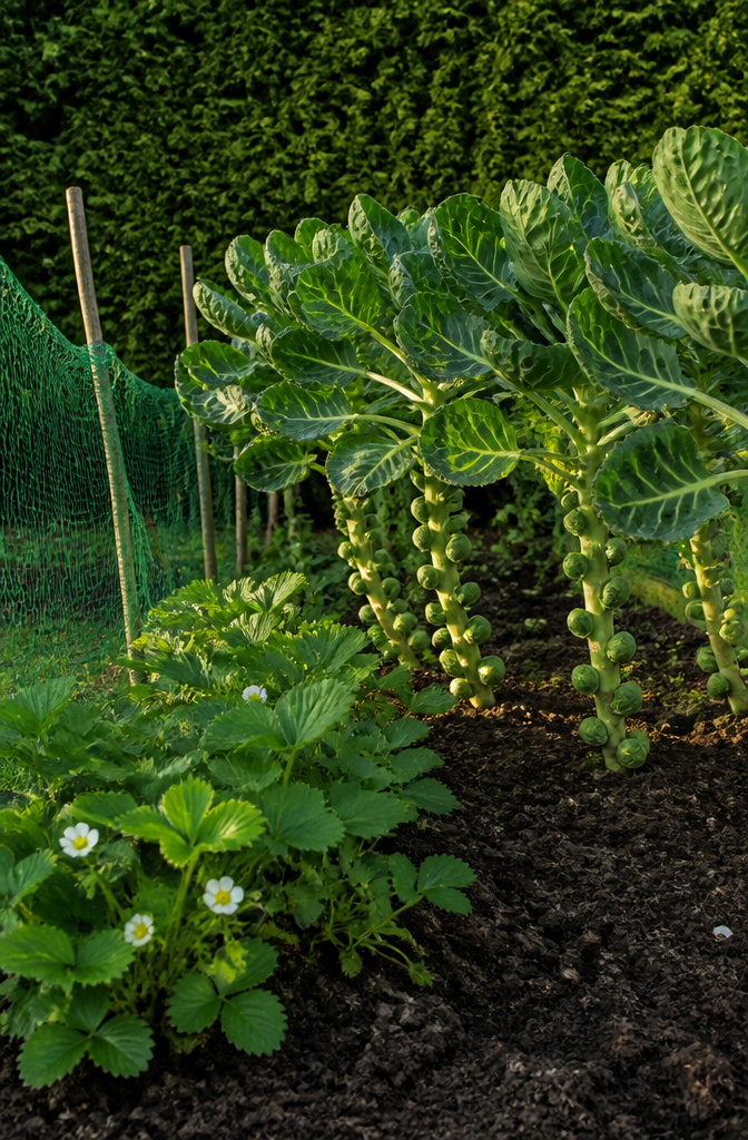 Brussels sprouts and strawberry plants growing close together in a garden.