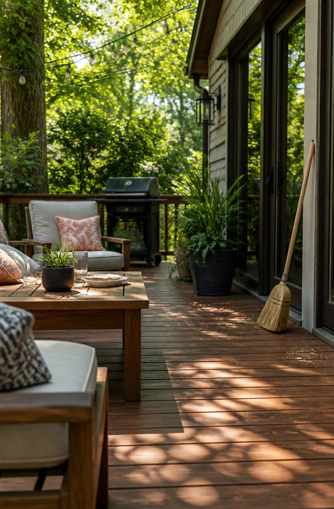 What to Do About Spiders in Your Garden 4 A clean wooden patio with cushions and a broom nearby.