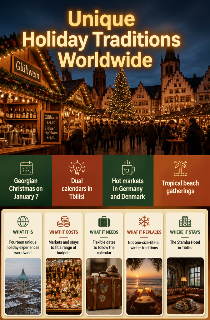 Various European Christmas markets showcasing festive stalls and decorations.