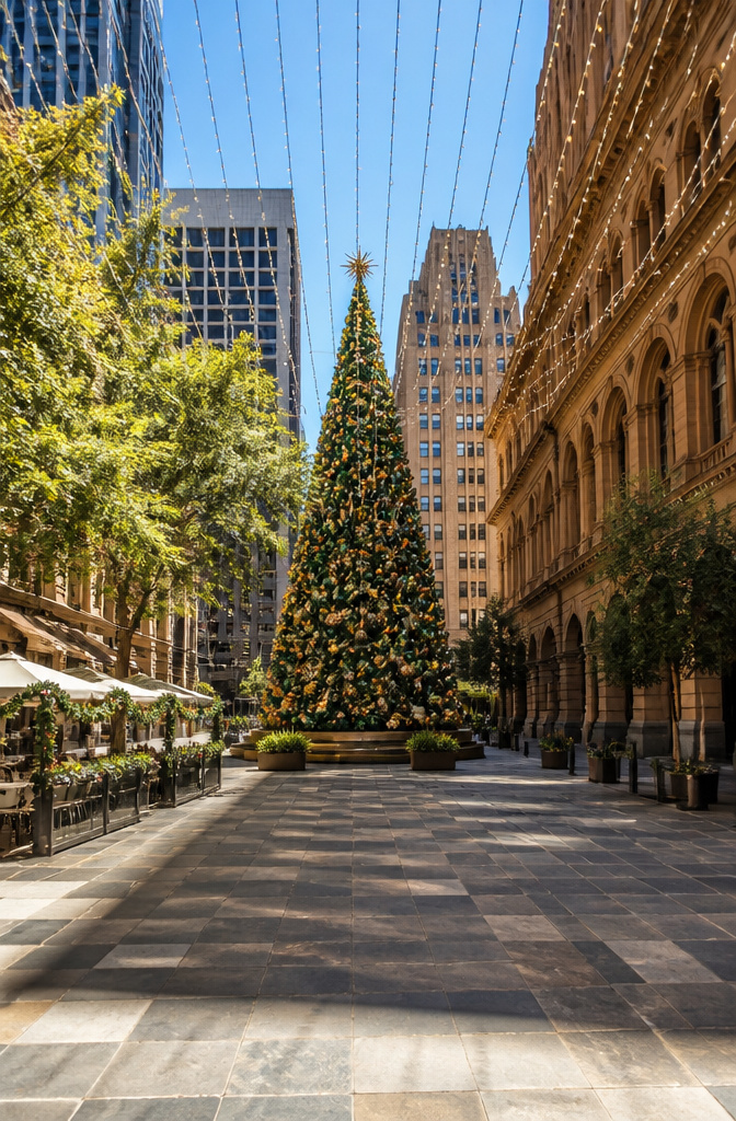 Christmas tree in Martin Place, Sydney, surrounded by festive decorations.