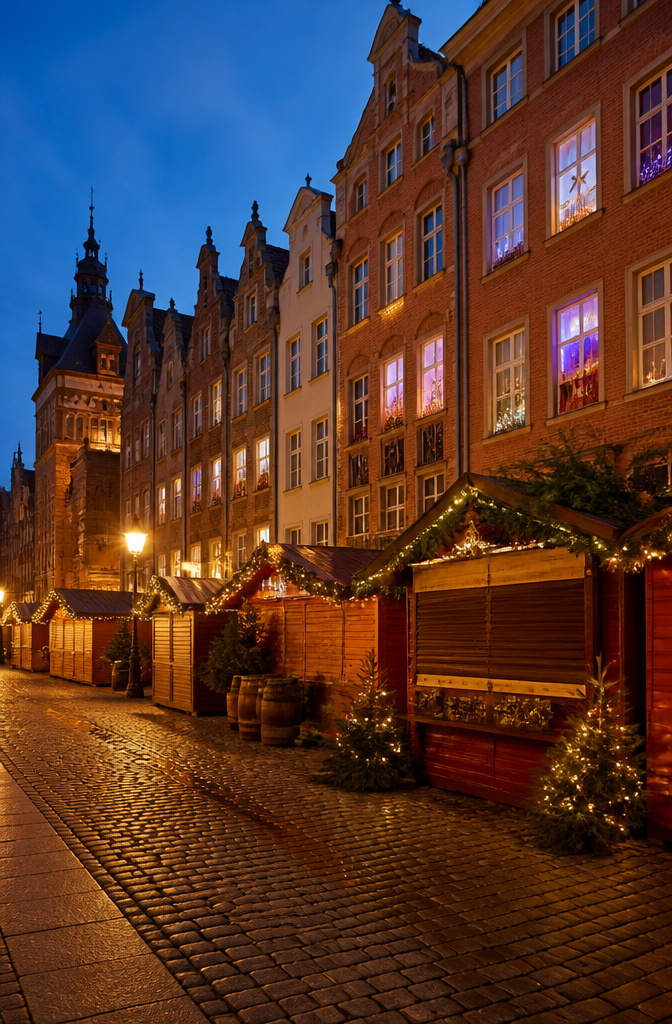 Advent windows lighting up Gdańsk's Old Town during Christmas.