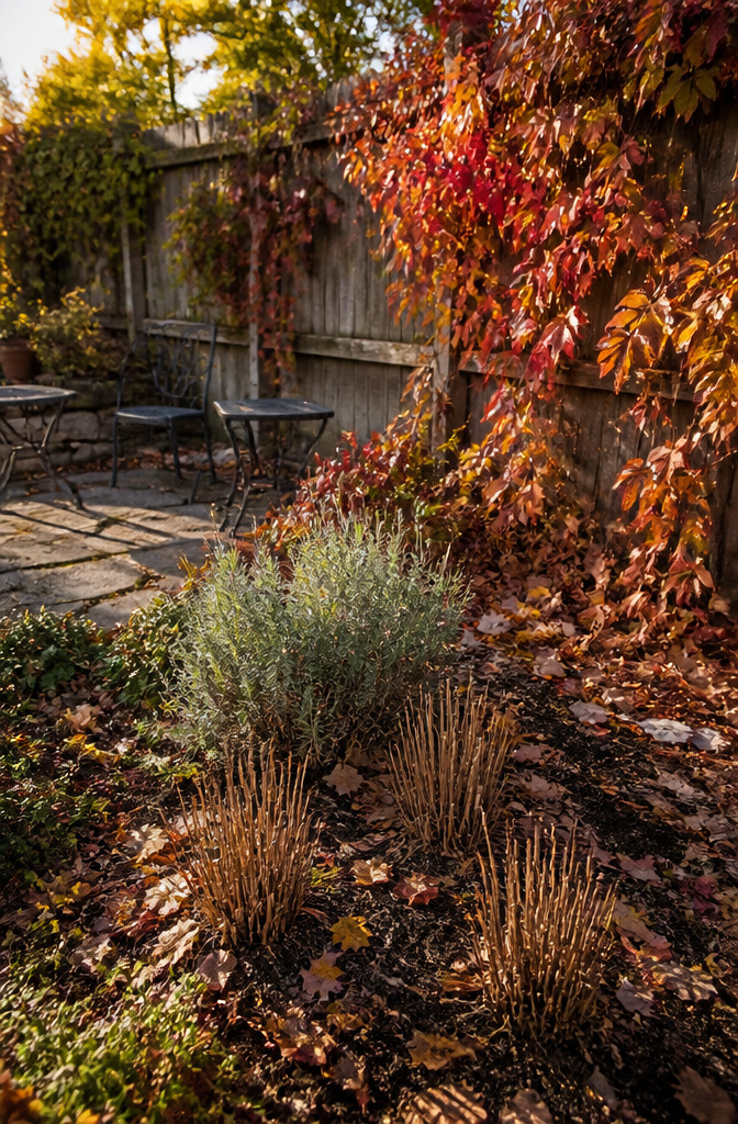 Aster, catmint, and rose mallow trimmed in a late October garden.