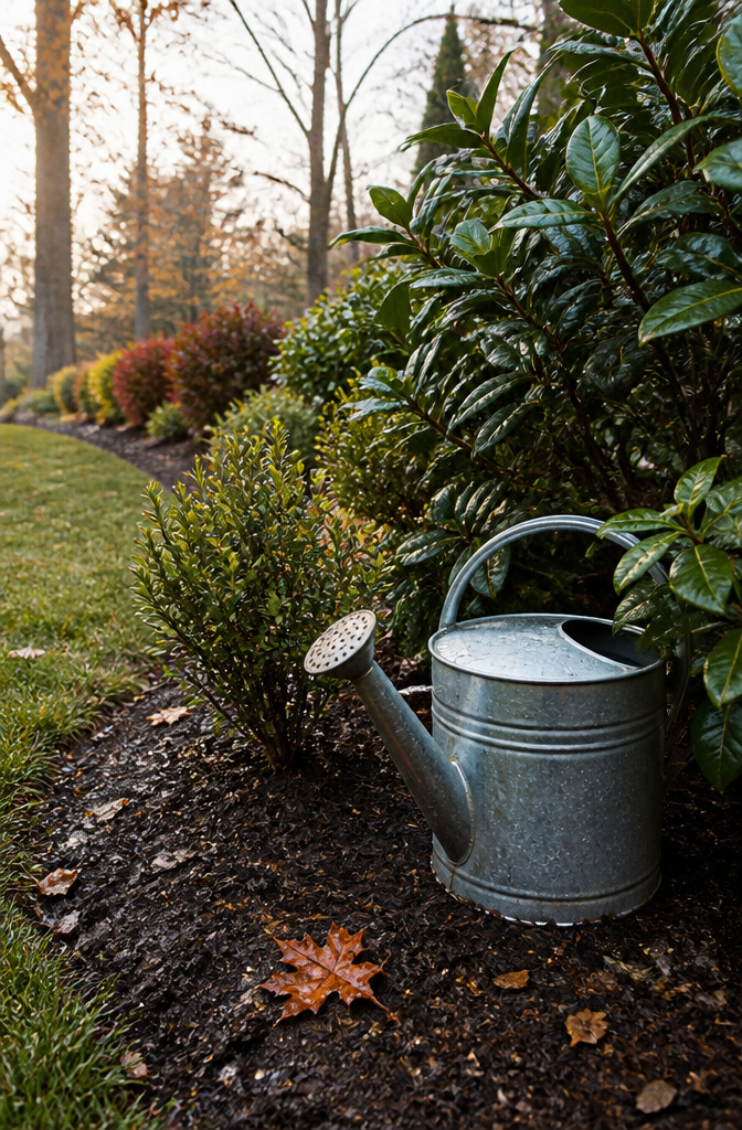 A watering can beside thriving broadleaf evergreens in autumn.