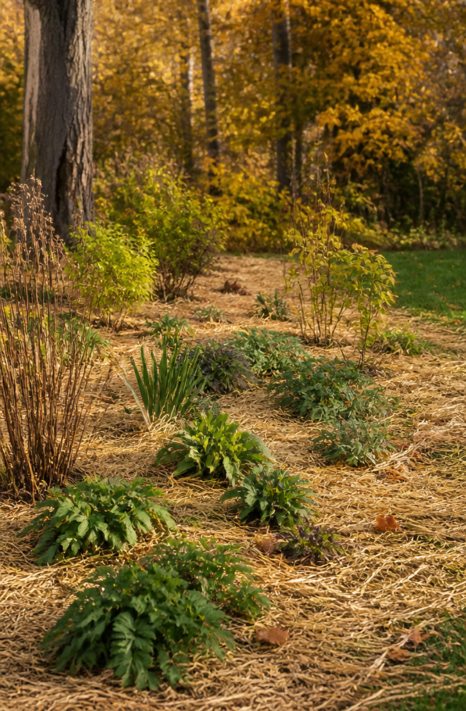 Layer of organic mulch applied around robust perennials in a garden.