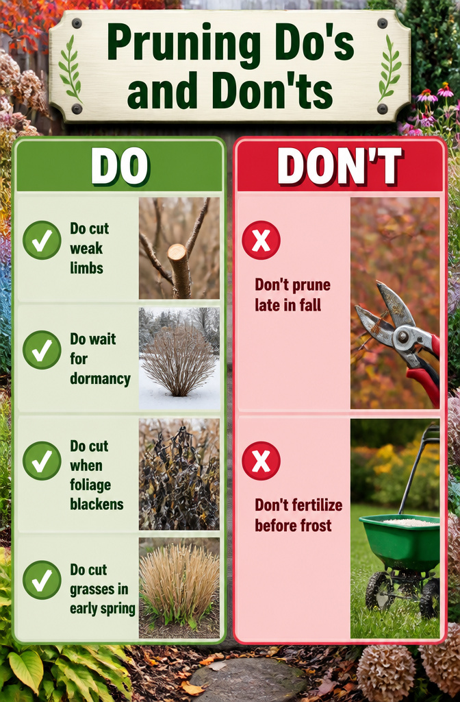 Tools and plants indicating the impact of late pruning in a garden.