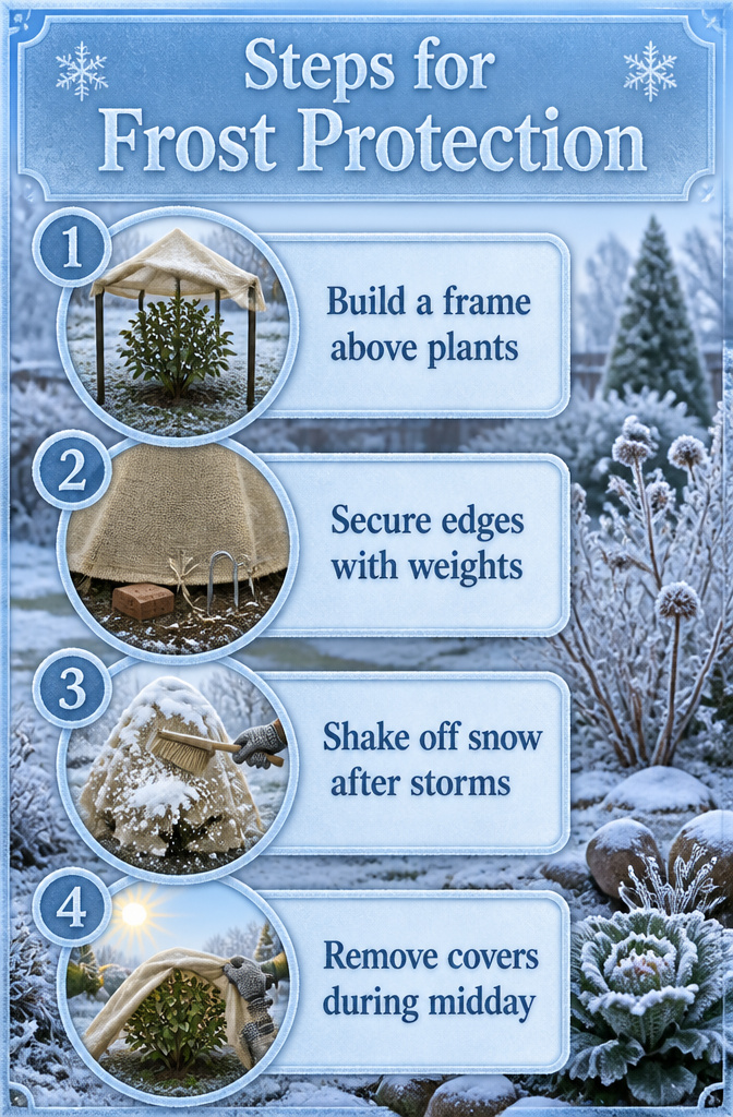 Burlap cover draped over a plant, secured against frost and wind.