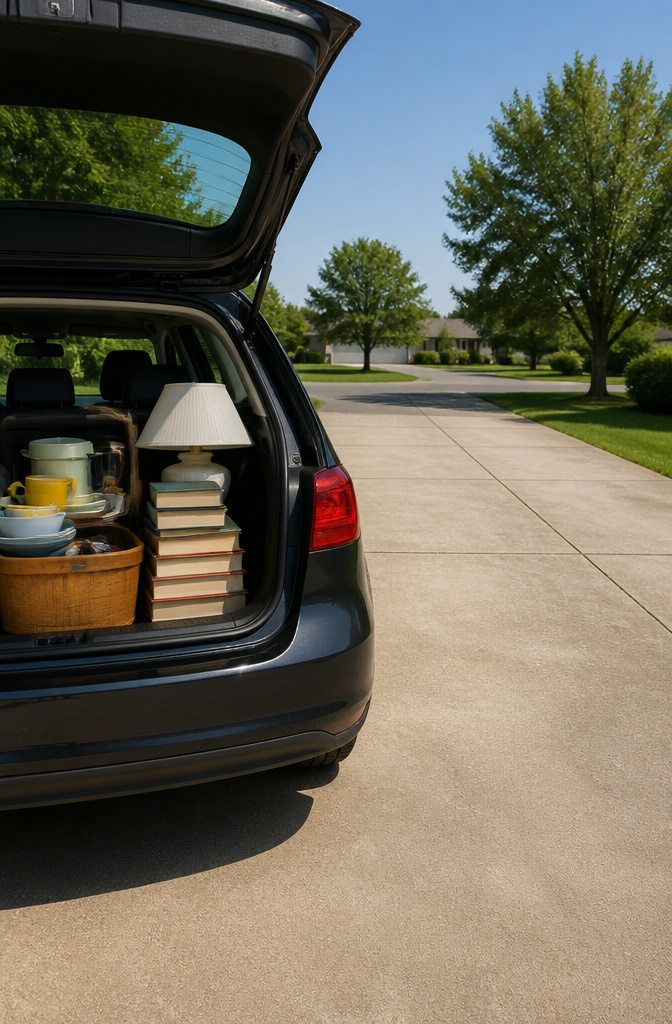 A trunk filled with items for donation, showing a clean driveway.