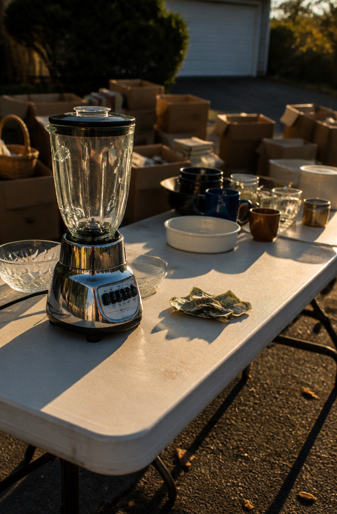 A blender with a price tag on a folding table cluttered with other items.