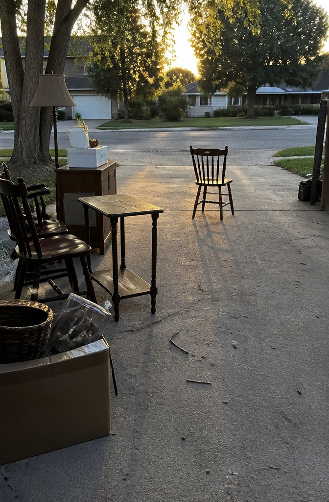 A driveway filled with unsold items, including chairs and a table.