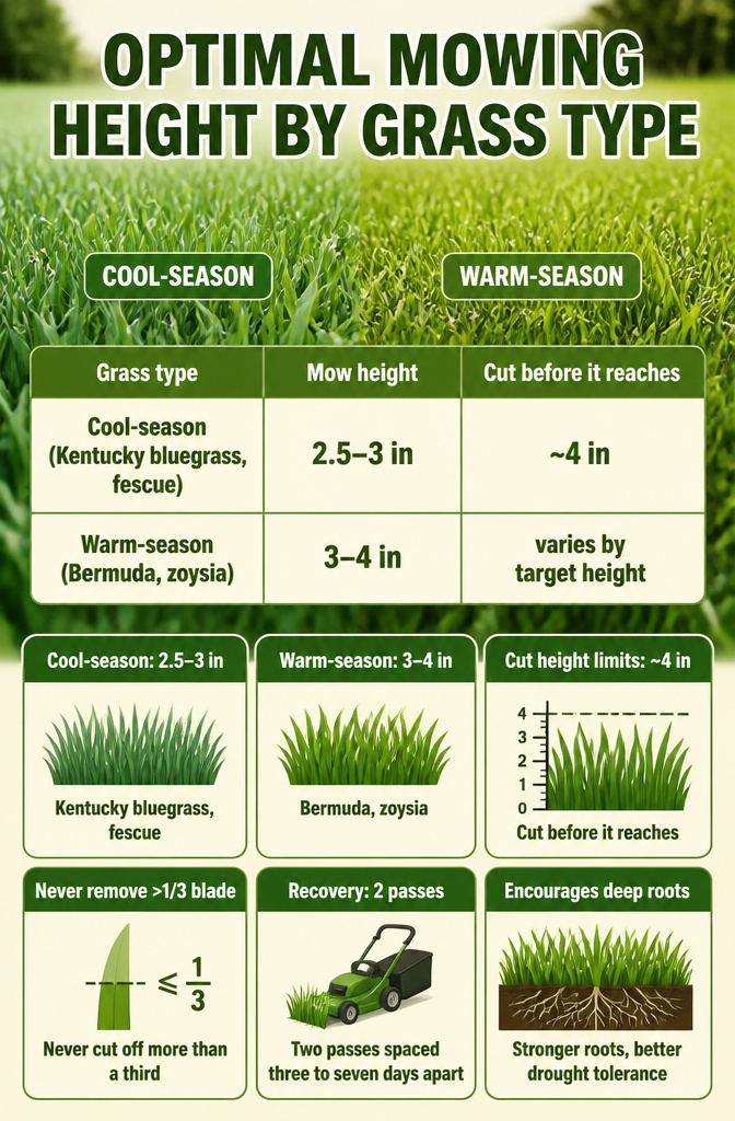 A chart showing optimal mowing heights for different grass types.