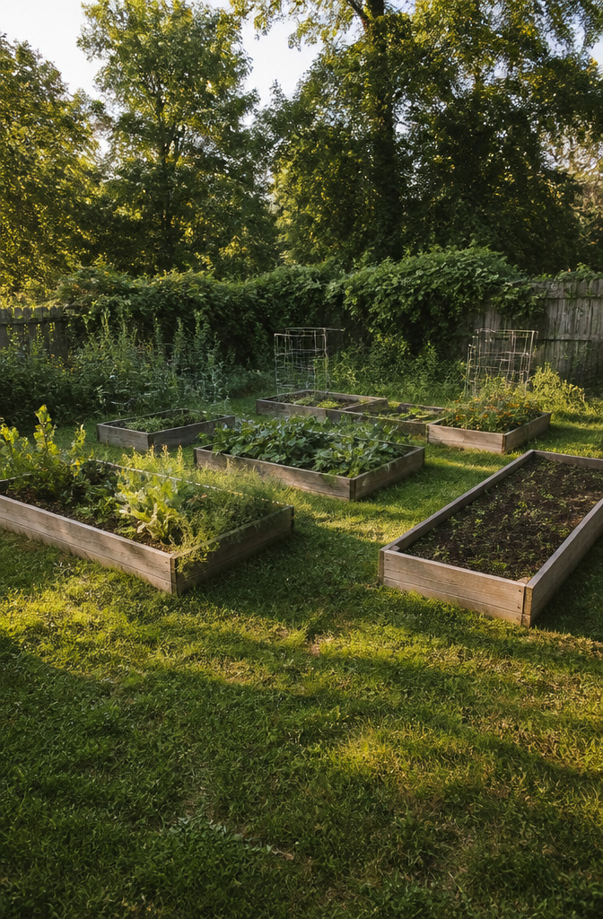 Raised beds arranged in a garden, showing a fixed layout.