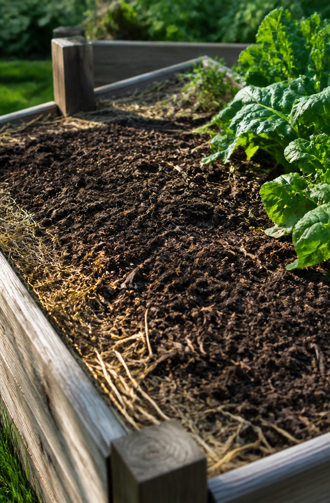 A close-up of a raised bed with dark decomposed soil and compost.