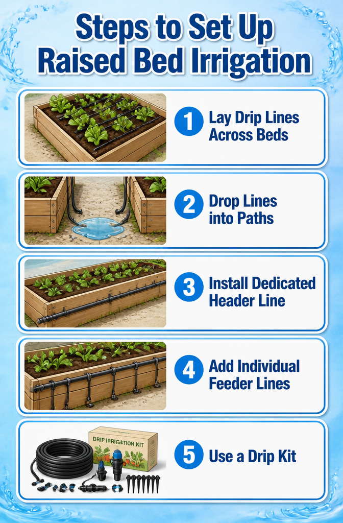 Drip irrigation lines running through a raised bed garden.