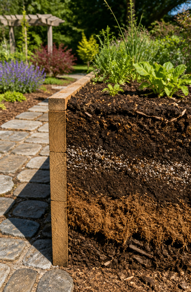 Cross-section of a raised bed showing dark compost and light substrates.
