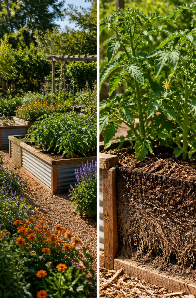 A raised bed with vibrant green tomato plants and rich soil.