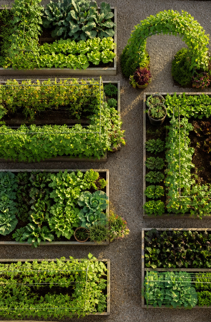 A raised bed with closely spaced plants and a trellis for vertical growth.
