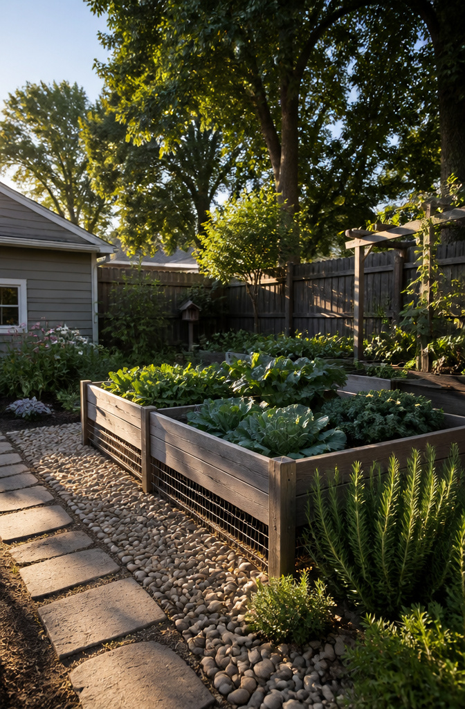 A raised bed with wire mesh at the bottom to prevent pest intrusion.