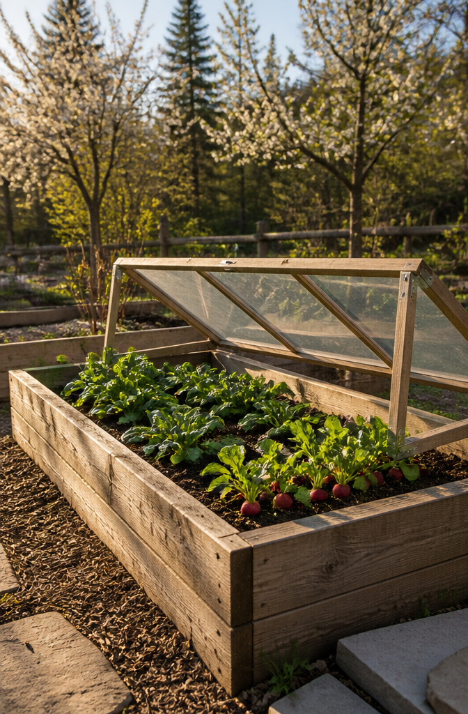 A sunny raised bed filled with early-season crops like spinach and radishes.