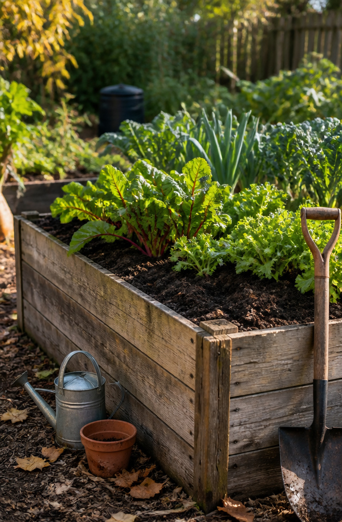 A raised bed filled with organic material and fresh compost on top.