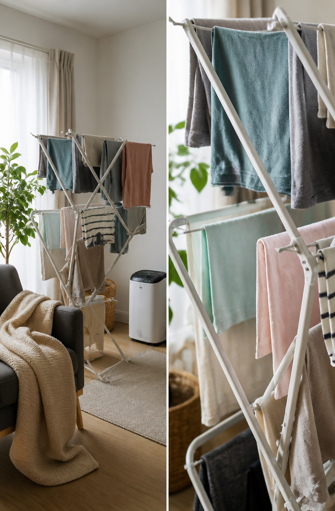 Why You Need a Clothesline: Savings, Fabric Care and the Outdoor Habit 12 Foldable drying rack filled with laundry in an indoor space.