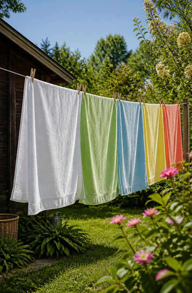 Why You Need a Clothesline: Savings, Fabric Care and the Outdoor Habit 4 Line of colorful cotton towels hanging on a clothesline in a garden.