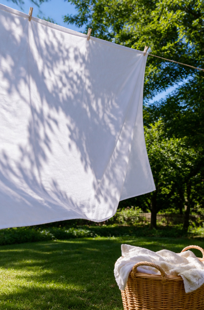 Why You Need a Clothesline: Savings, Fabric Care and the Outdoor Habit 5 Linen sheet billowing on a clothesline, illuminated by sunlight.