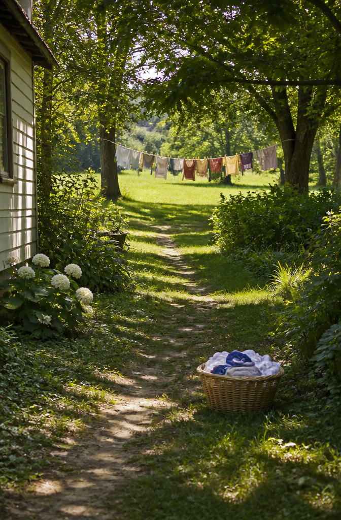 Why You Need a Clothesline: Savings, Fabric Care and the Outdoor Habit 7 Photograph of a person carrying a basket of wet laundry to a clothesline.