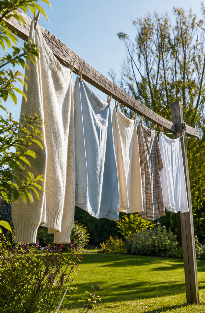 Why You Need a Clothesline: Savings, Fabric Care and the Outdoor Habit 9 Close-up of clothes hanging on a rustic line with gentle movement.
