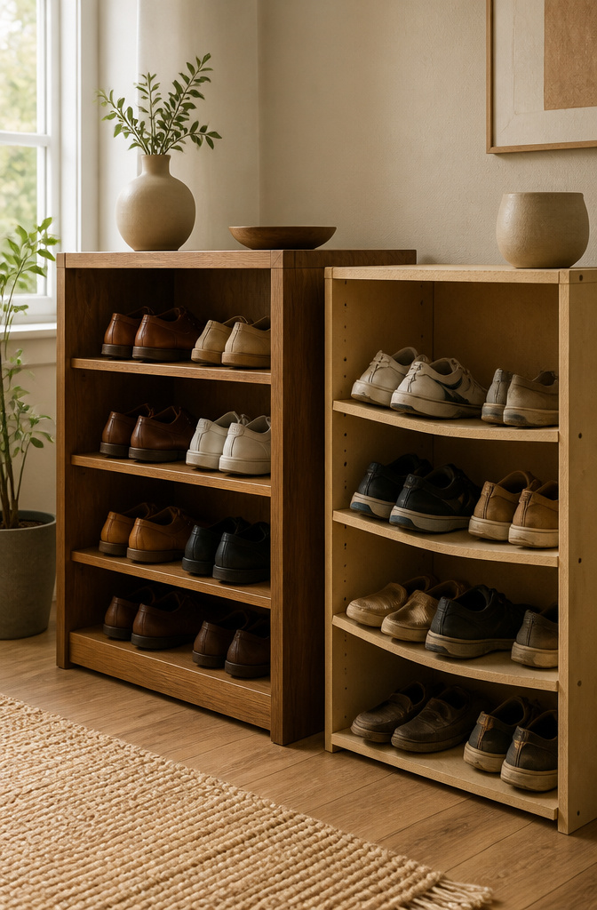 Comparison of solid wood and lightweight particleboard shoe racks.