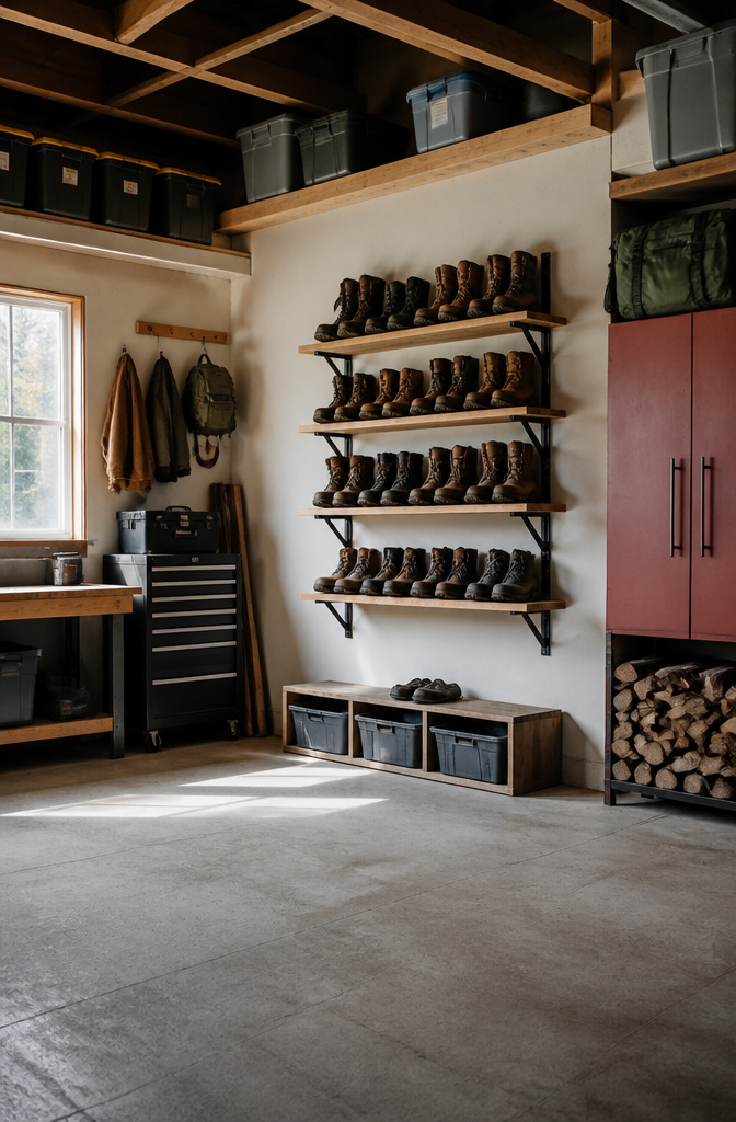 Wall-mounted shelves displaying various work boots in a garage.