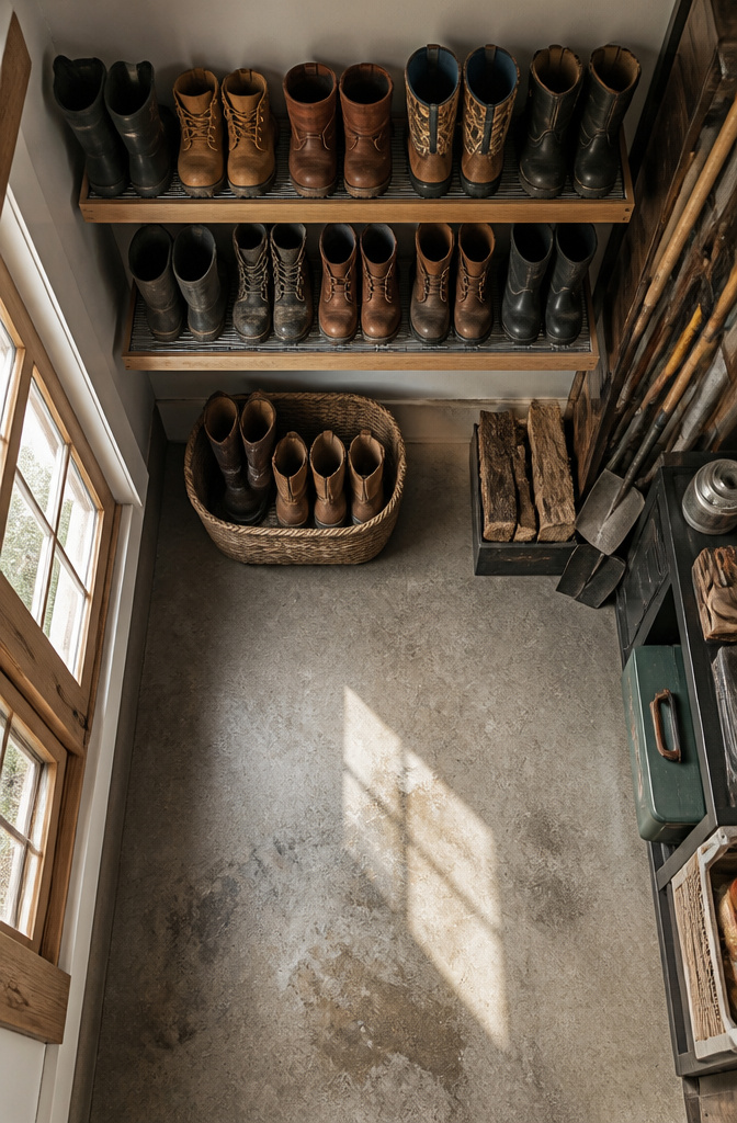 Storage baskets labeled for wet and dry season boots.
