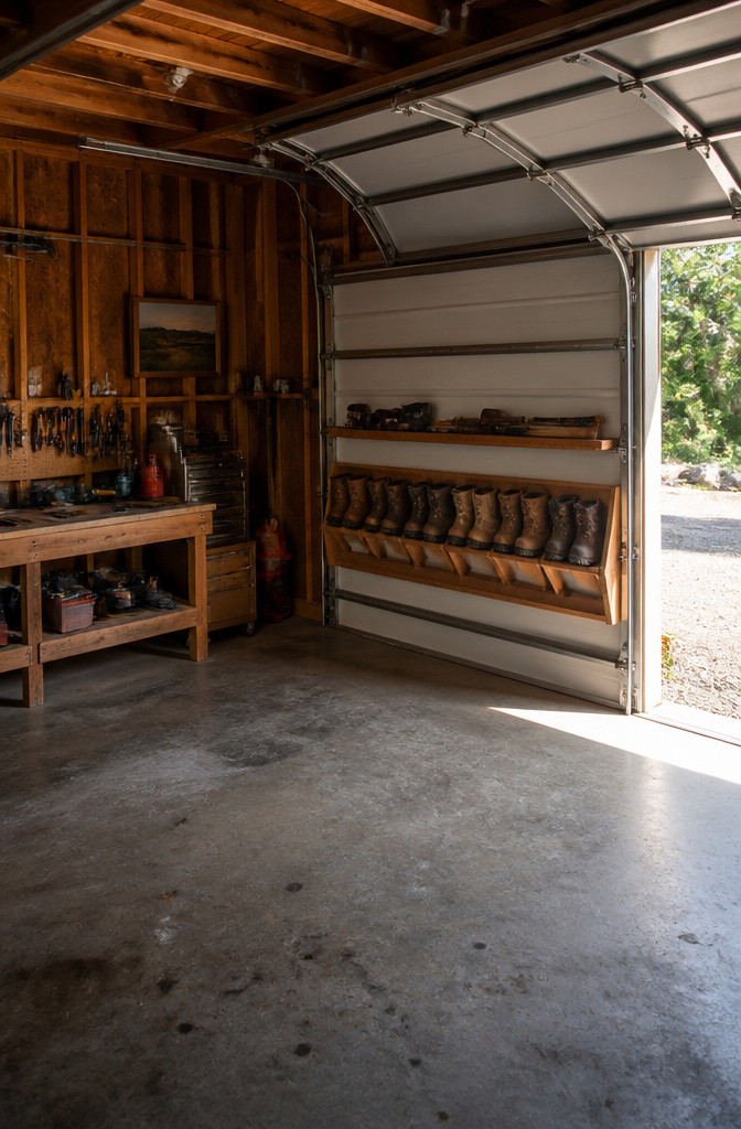 A shallow rack mounted behind a garage door for boot storage.