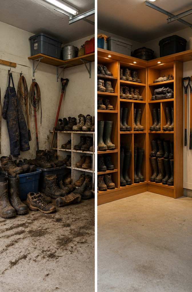 Tailored storage for different types of work boots in a garage.