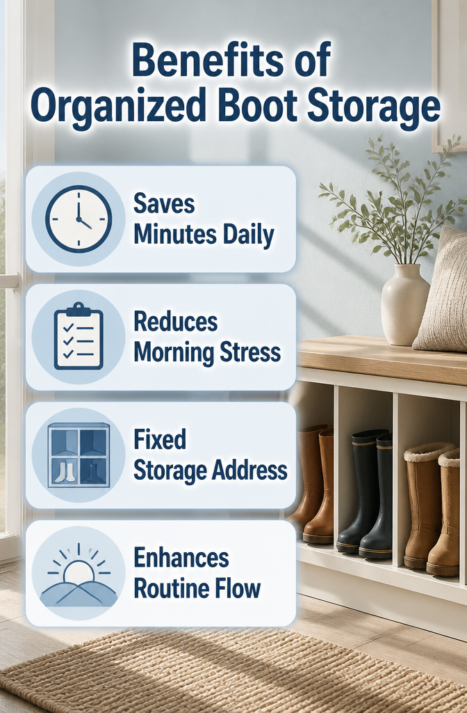 An organized boot storage system reducing search time in the morning.
