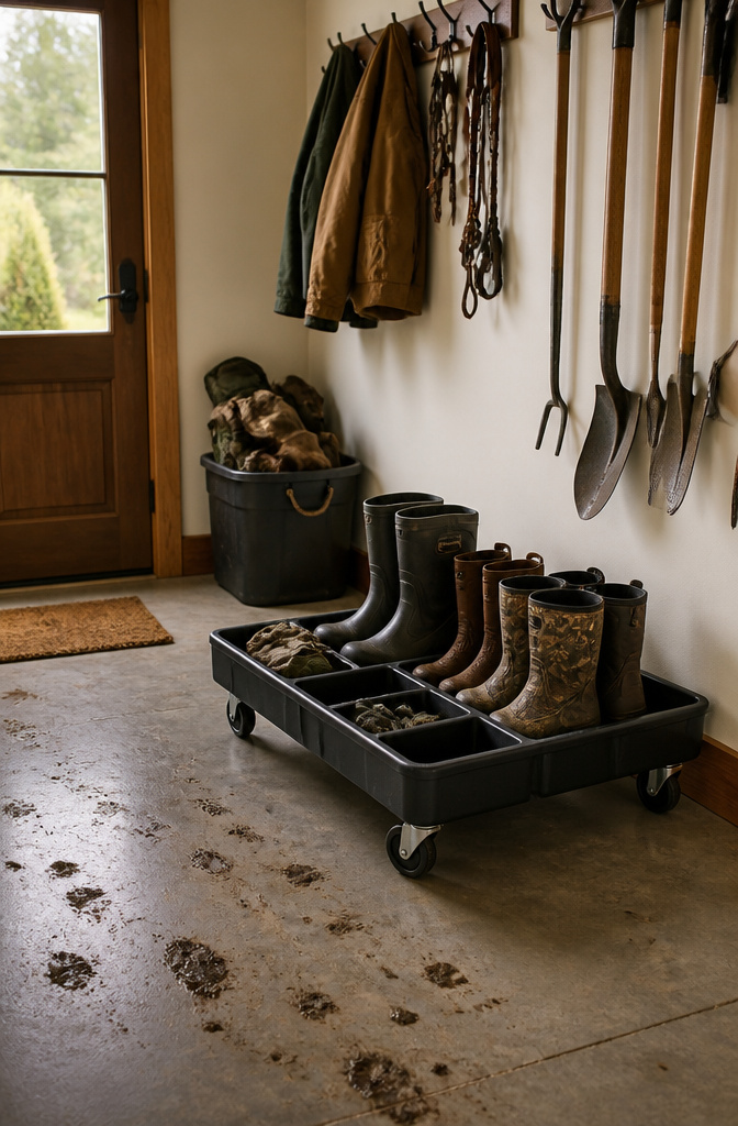 A mobile boot tray with compartments for storing wet boots.