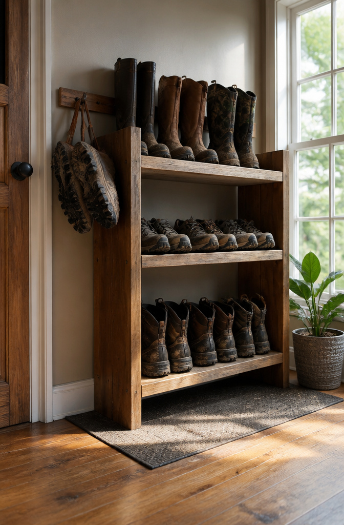 An open storage unit with boots organized by height in a mudroom.