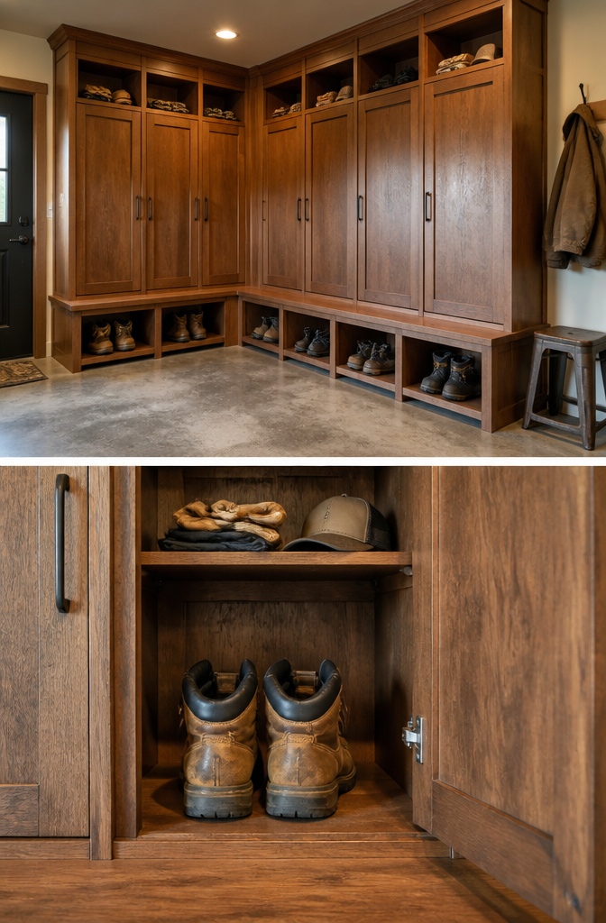 Custom lockers and cabinets for storing work boots and gear.