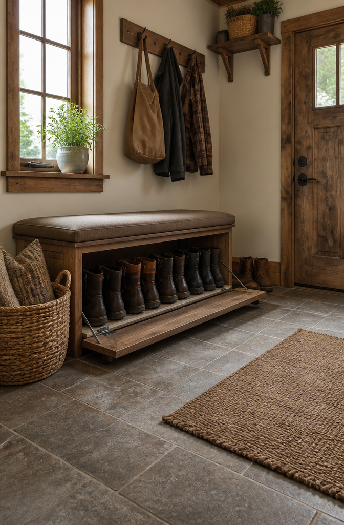 A bench with storage underneath for work boots in an entryway.